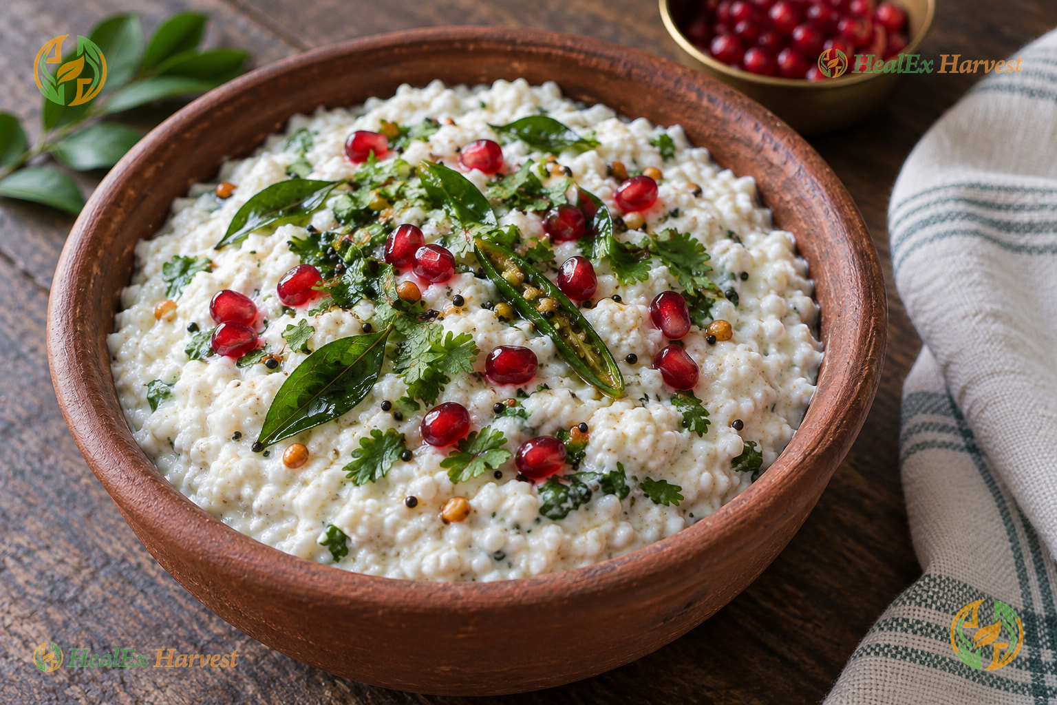 Creamy Foxtail Millet curd rice garnished with pomegranate, ginger, and curry leaves