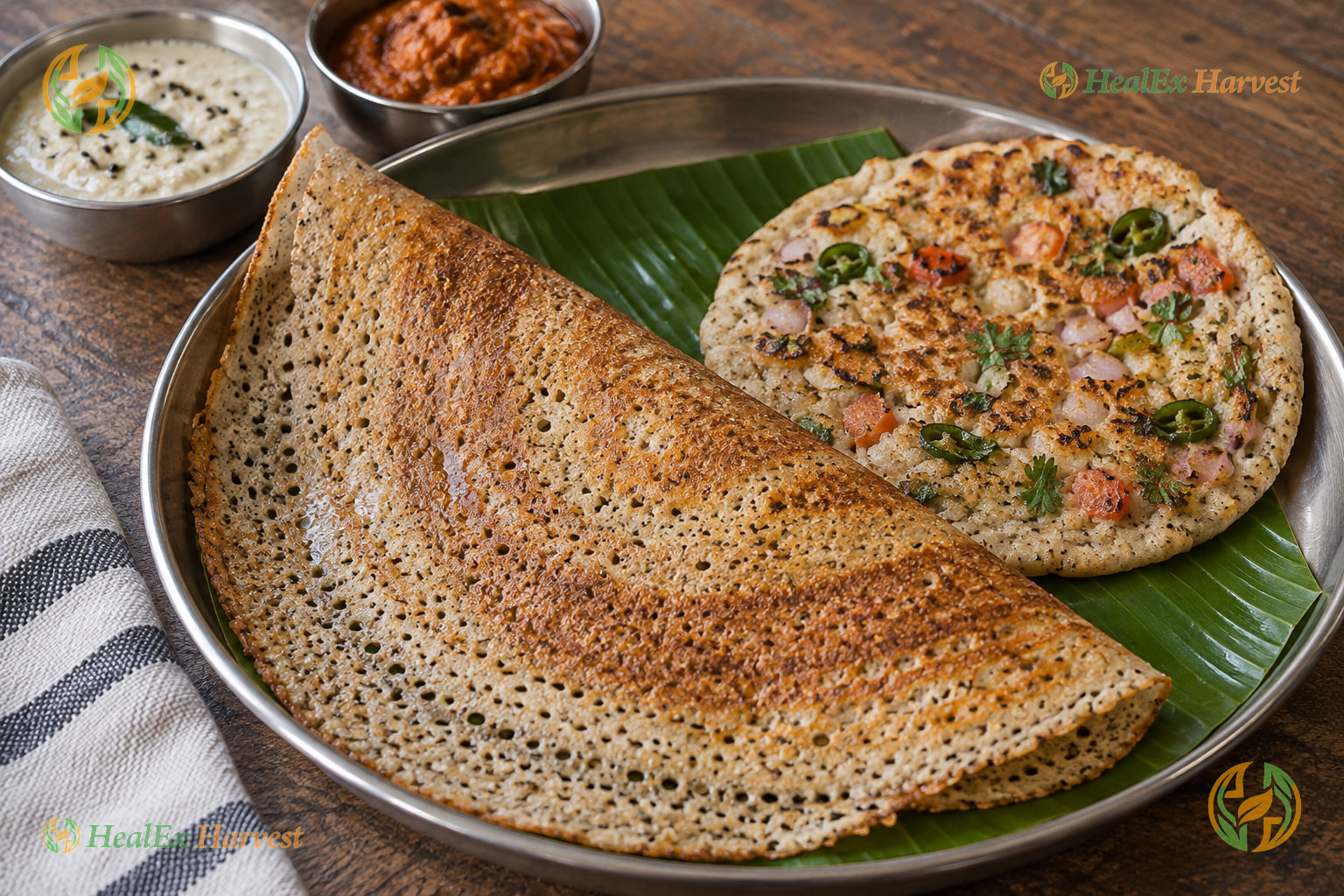 Crispy golden-brown instant Ragi dosa on tawa with green chilli and coconut chutney