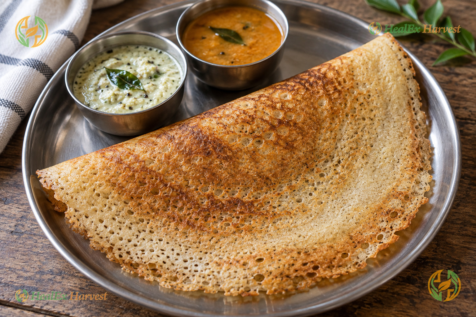 Pillowy soft Foxtail Millet idlis and crispy dosa served with coconut and tomato chutney