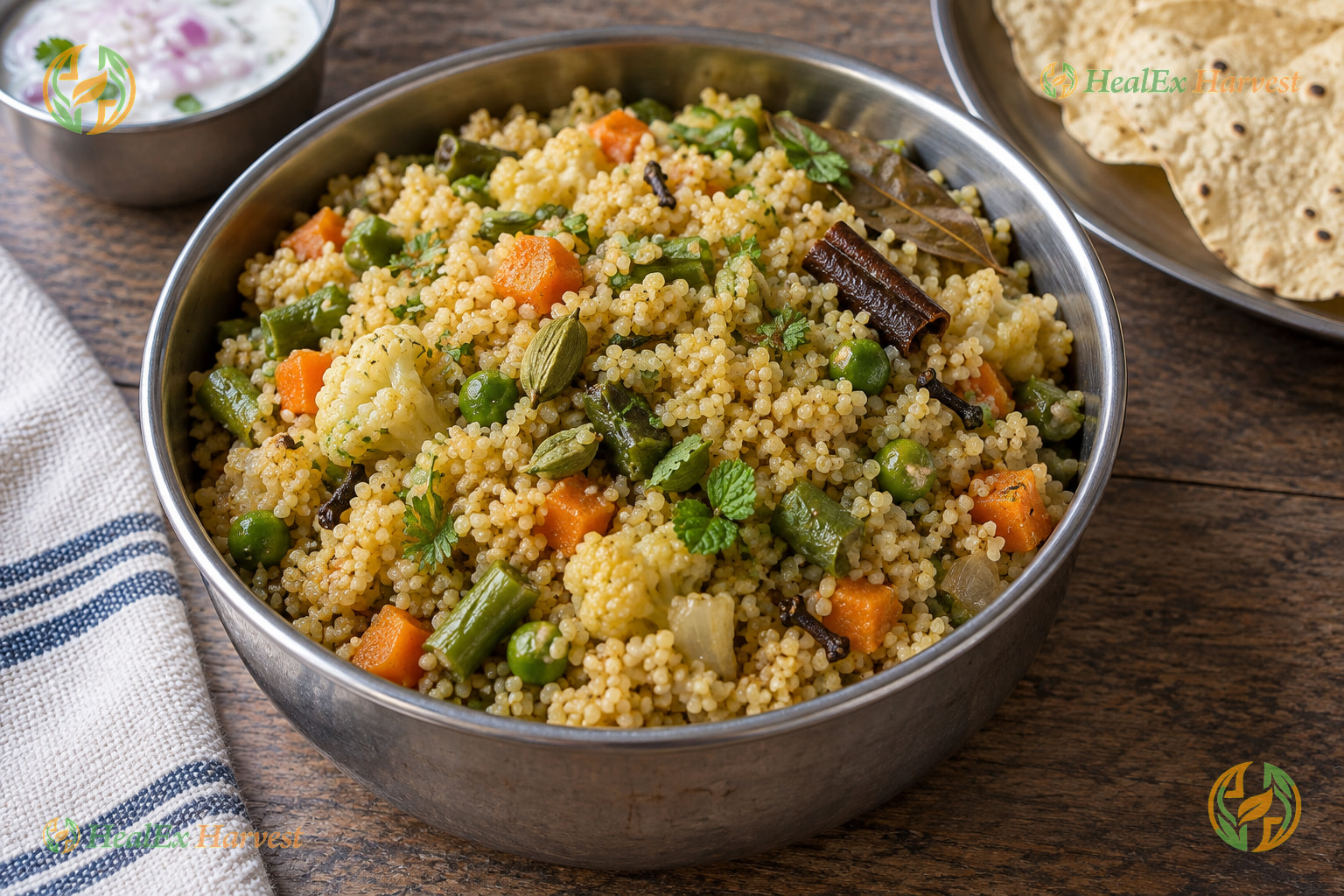 Fragrant Foxtail Millet vegetable pulao with mint, coriander, and fried onions