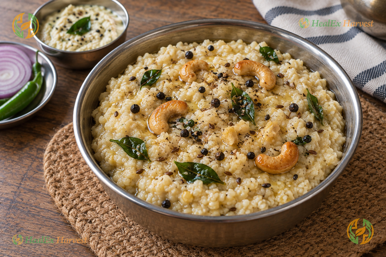 Temple style Foxtail Millet Ven Pongal with cashews, curry leaves, and black pepper