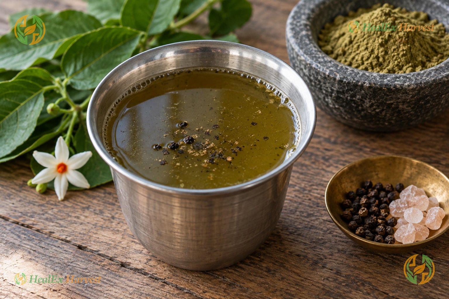 Parijata Leaf Kashaya, the decoction Dr. Khadar Vali describes (Night Jasmine)