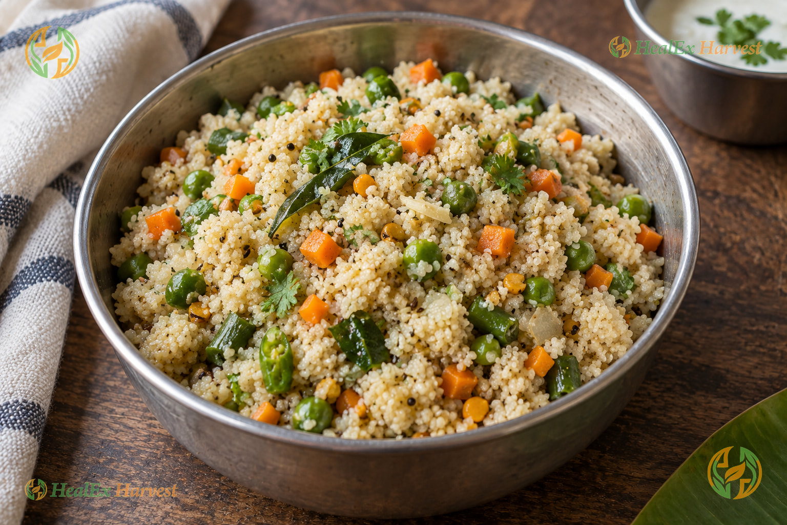 Nutritious Foxtail Millet vegetable upma garnished with coriander and lemon