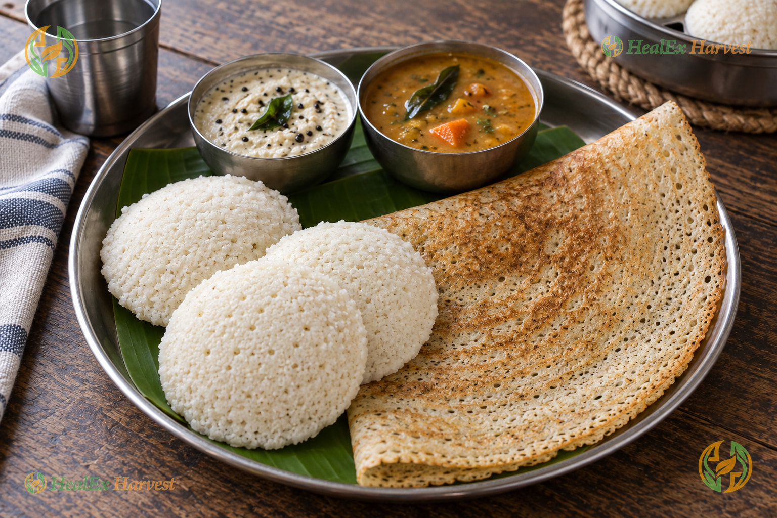 Fluffy steamed Ragi idlis served with spicy tomato chutney and coconut chutney