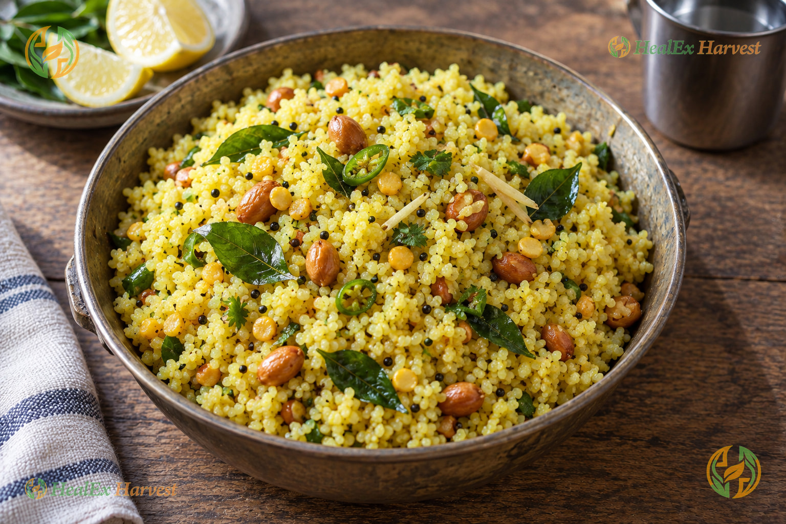 Vibrant yellow Foxtail Millet lemon rice with peanuts and curry leaves