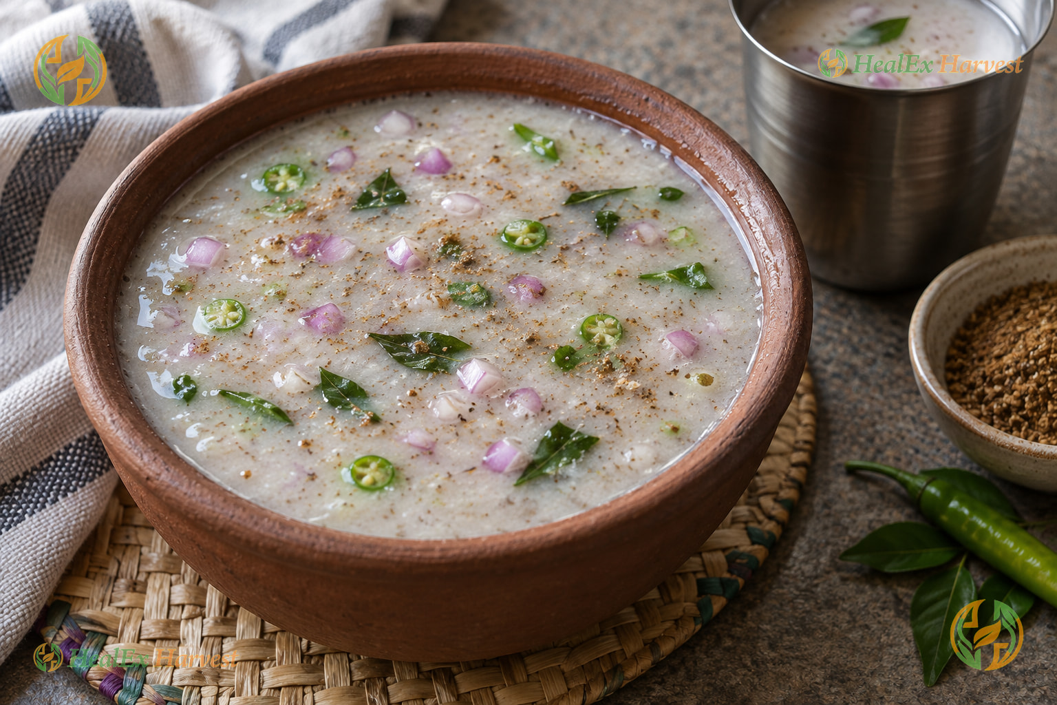 Traditional salted Ragi Ambali in clay glass with shallots, green chillies, and curry leaves